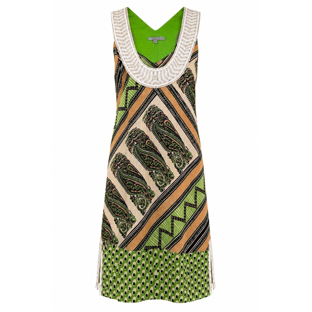 Calypso St Barth Linen Silk Beaded Paisley Shift Tunic Dress Green Tan Size 10